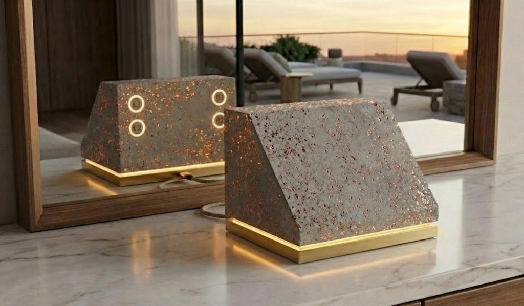 Totem Device — copper-aggregate concrete with brass surfaces