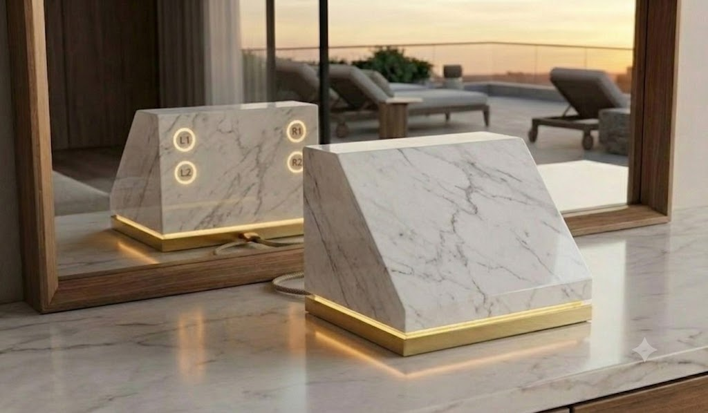 The Totem device in Carrara marble, glowing brass base